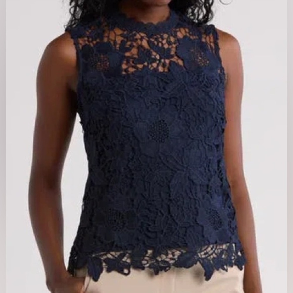 NANETTE LEPORE Dark Navy Blue Yolk Lace Crochet Sleeveless Tank Size Small